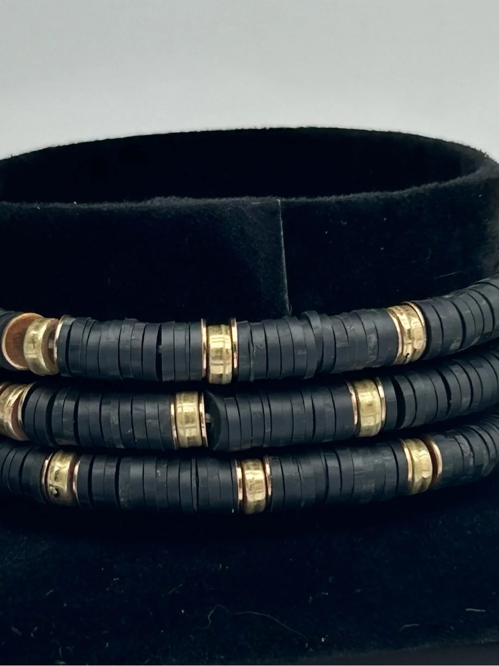 Vintage 3 Pc Rubber Heishi bead Black and Gold Pearl Stretch Bracelet